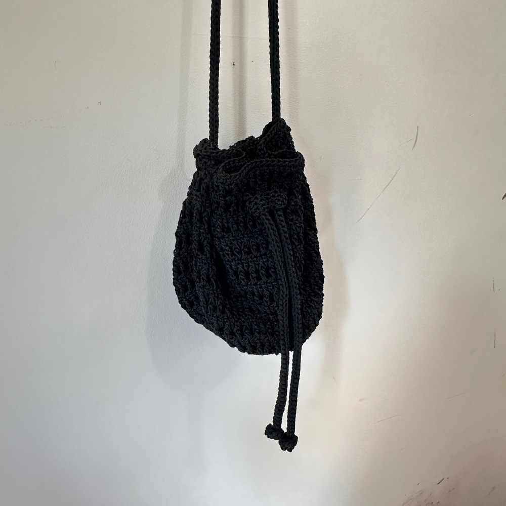 Vintage Y2K Mudd Black Crochet Knit Drawstring Cinch Bag Purse Crossbody Boho